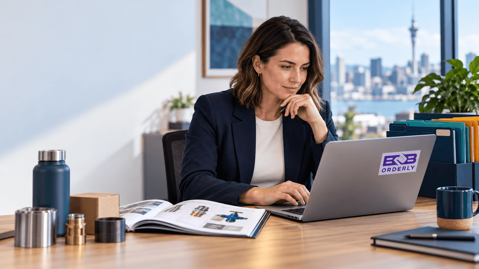Supplier account manager reviewing customer-specific pricing beside a B2B product catalogue
