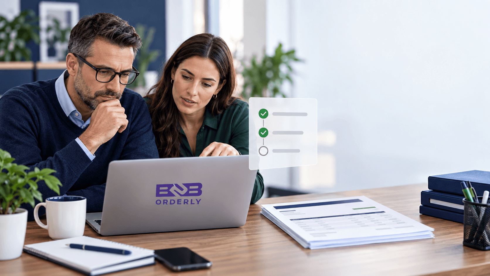 Supplier colleagues reviewing a B2B order approval workflow on a laptop