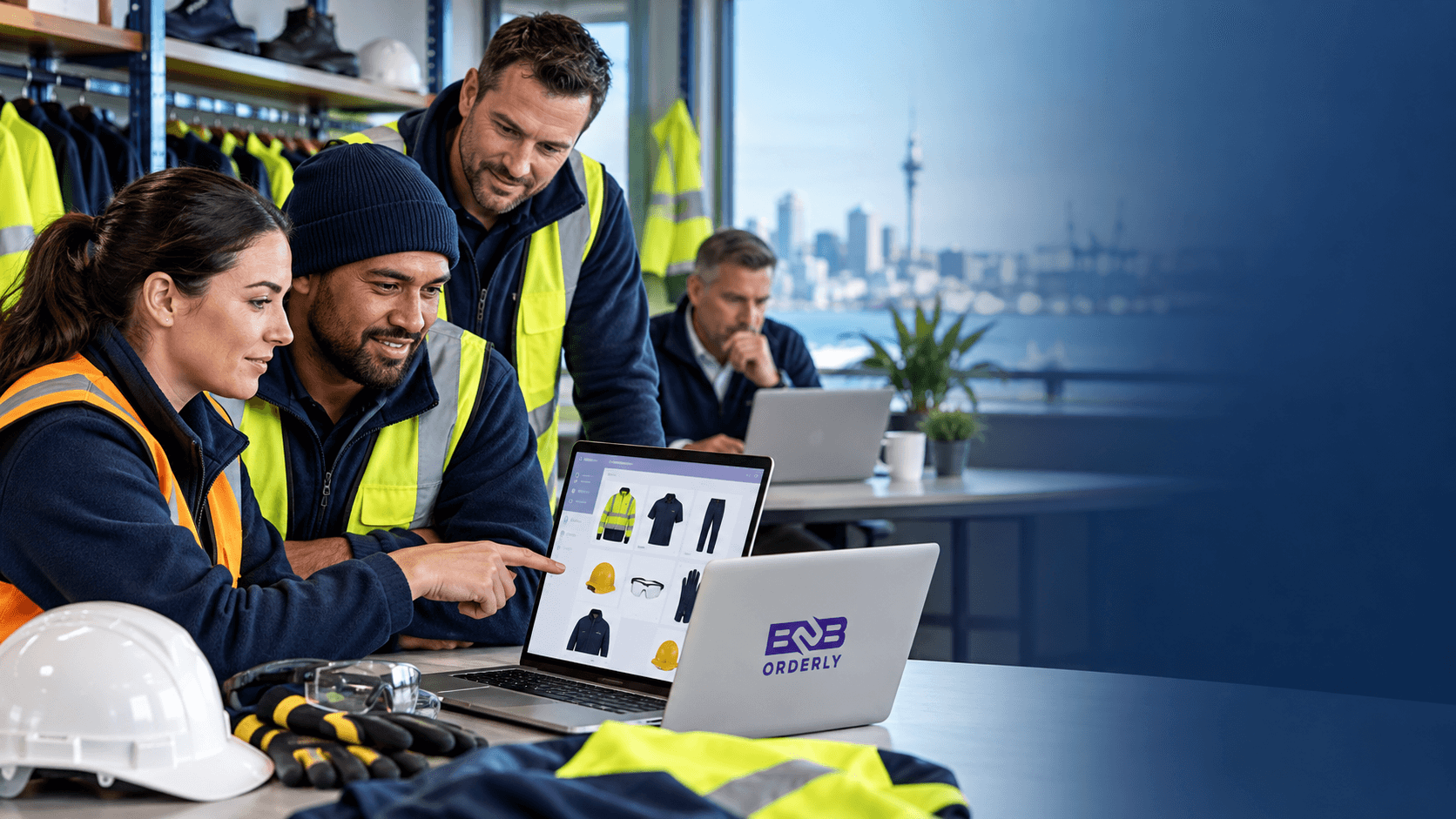 Construction employees selecting uniforms and PPE through an employee ordering catalogue